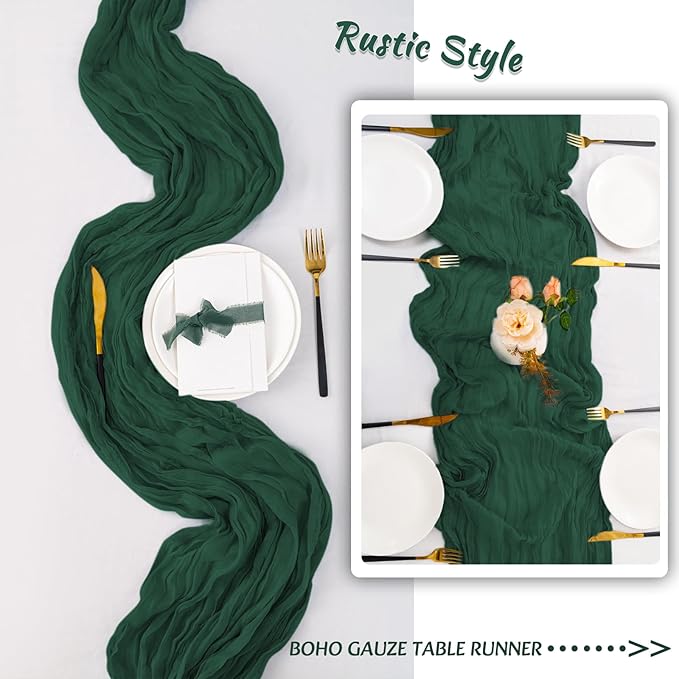 10Pack Emerald Green Cheesecloth Table Runner,10FT/120 Inch Boho Gauze Fabric Table Runner,Rustic Sheer Dark Green Cheese Cloth Runner Bulk for Wedding,Bridal Baby Shower,Christmas Party,Table Decor