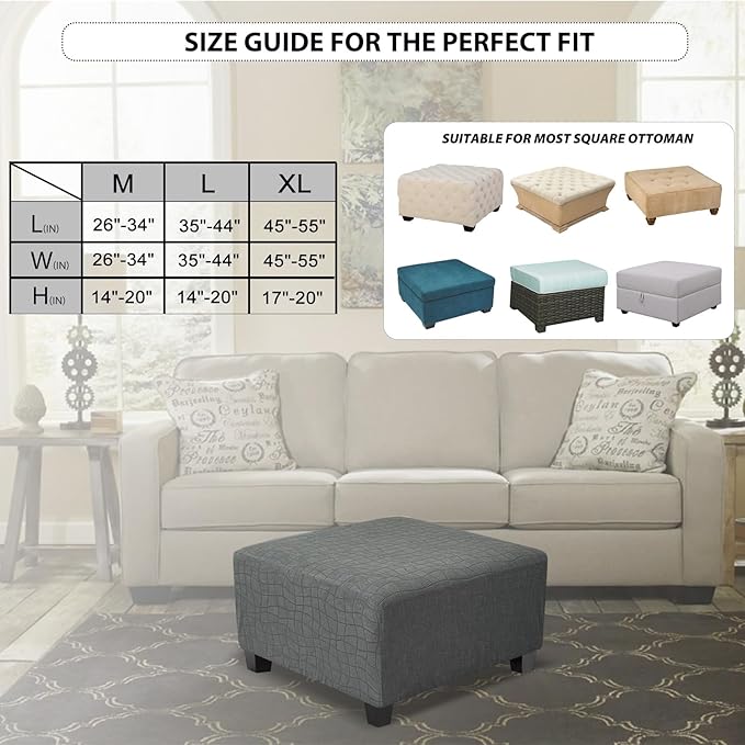Square Ottoman Cover,Soft Stretch Jacquard Slipcover with Dual Waterproof Layers,Washable Furniture Protector for Pets,Medium,Light Gray