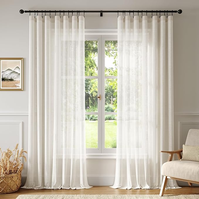 Anmao Natural Linen Curtains for Living Room 80 Inch Length 2 Panels Set, Light Filtering Semi Sheer Window Curtain Drapes for Bedroom with Curtain Rings and Clips, 52Wx80L, Ivory