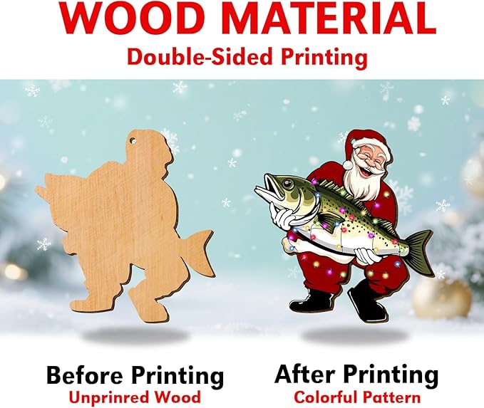 Santa Clause Holding a Fish Christmas Tree Keepsake Ornaments, Fishing Themed 2 Side Printed Flat Wooden Ornament, Xmas Hanging Decor