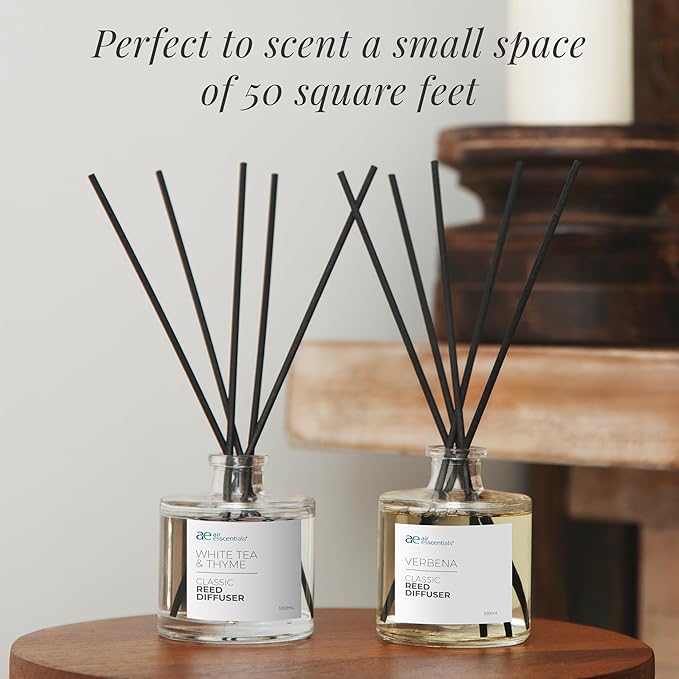 Air Esscentials Classic White Tea & Thyme Reed Diffuser Set - Decorative Fragrance Diffuser & Oil for Bathroom & Home | Long-Lasting Aroma | Natural Scent Sticks | Essential Oils & Botanicals| 100mL