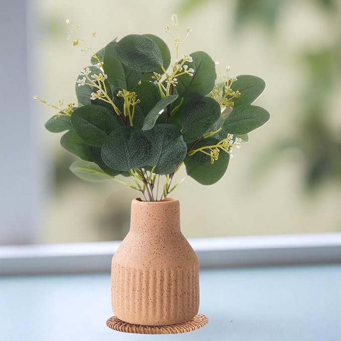 Artificial Eucalyptus Greenery Stems in Ceramic Vase 10Pcs Fake Plants Eucalyptus Leaves for Centerpiece Table Decorations Home Room Decor Office Desk Decor Greenery Decor Indoor (Beige)