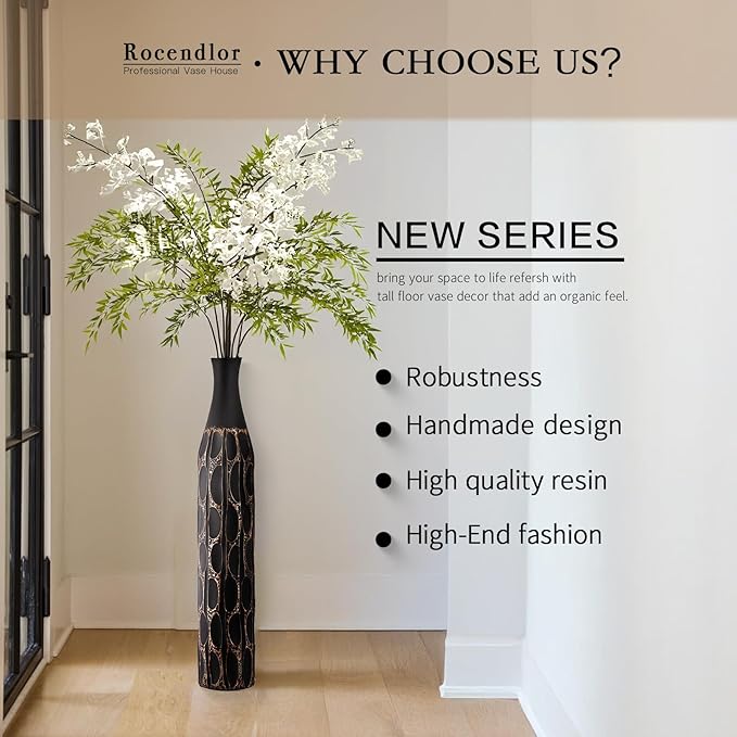 27.5" Vase - Black Vases for Home Decor, Tall Cylinder Slim Neck Floor Vase for Modern Rustic Home Decor for Living Room, Wedding, Office, Resin Tall Vases