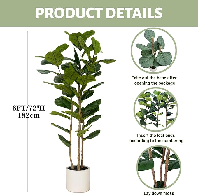 Artificial Tree with White Tall Planter - Artificial Plants Indoor,Faux Tree Fake Floor Plant in Pot for Home Office Living Room Decor Indoor (Lyrata 6ft)