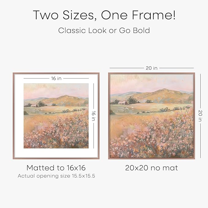 Homeforia 20x20 Picture Frame Mocha, High End Metal 20x20 Square Poster Frame Matted to 16x16 Print, 20 x 20 Mocha Frames with Mat 16 x 16 Photo, 20by20 Thin Frames, Tempered Glass, Wall Kit, Set of 1