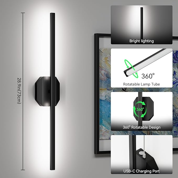 Battery Operated Wall Sconce Set of Two,Wireless Wall Sconces USB Rechargeable Wall Lights with Remote Control,3000K-6000K Dimmable for Bedroom,Background Wall,Living Room,Hallway,Wall Decor,28inch