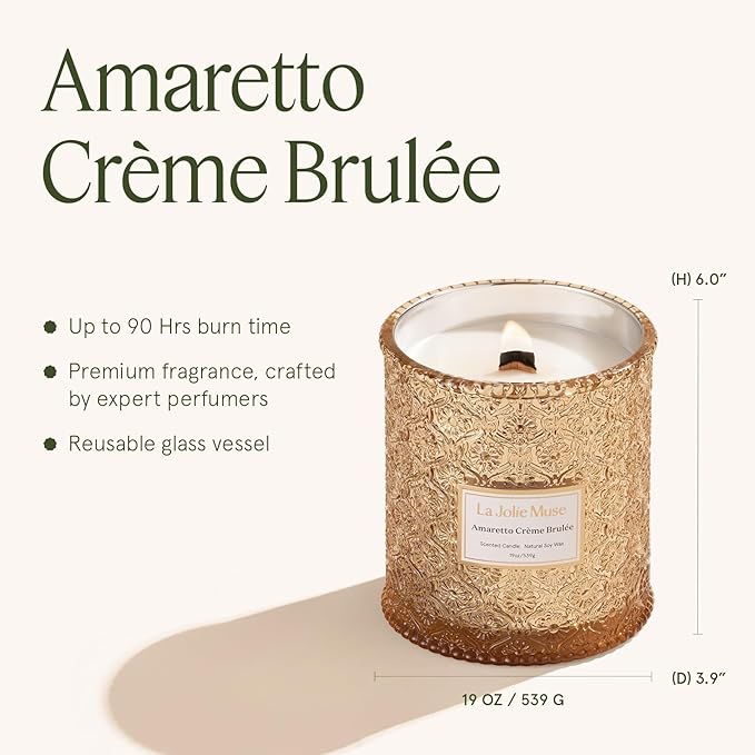 LA JOLIE MUSE Christmas Candle | Amaretto Crème Brûlée | Almond Liqueur, Dried Fruit & Caramel | 19 oz Wooden Wick | 90 Hours Clean Burn | Candle Gift for Christmas Holiday