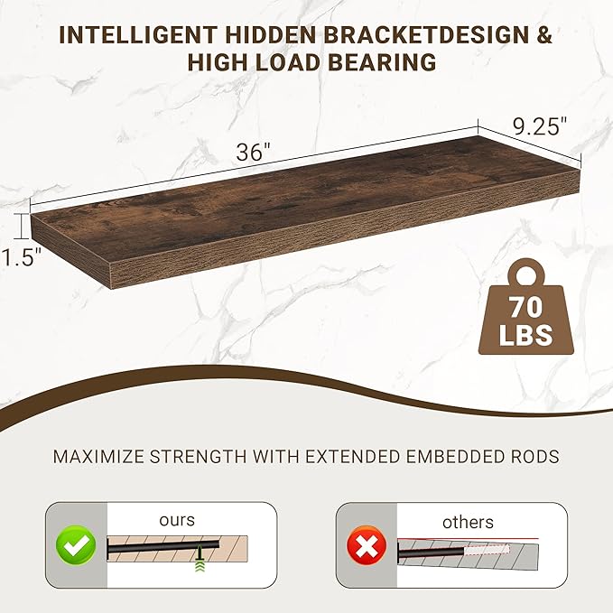 36 Inch Floating Shelves, 36"x9.25"x1.5" Inch Deep Floating Shelves for Wall, Wooden Shelves for Bathroom, Bedroom, Living Room, Brown, 2 Pieces