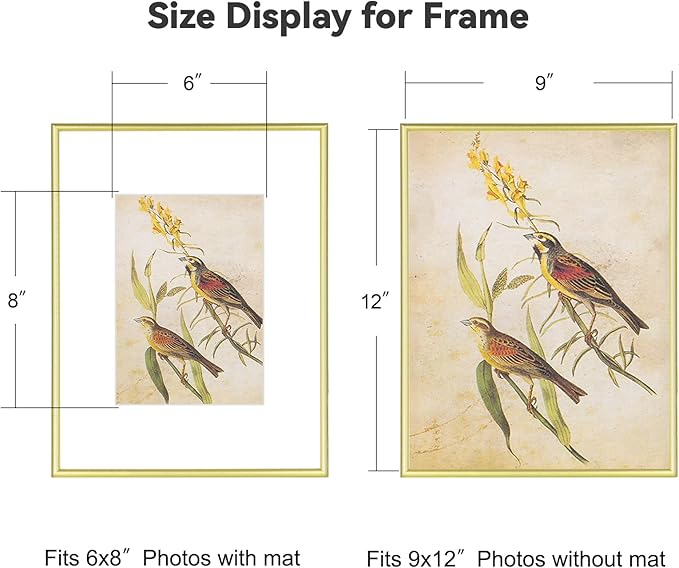 9x12 Picture Frame, Matte Gold Modern Thin Aluminum Metal Photo Frame with HD Glass, Fits 6x8 with Mat or 9 x 12 without Mat, for Tabletop and Wall Mounting, 1 Pack