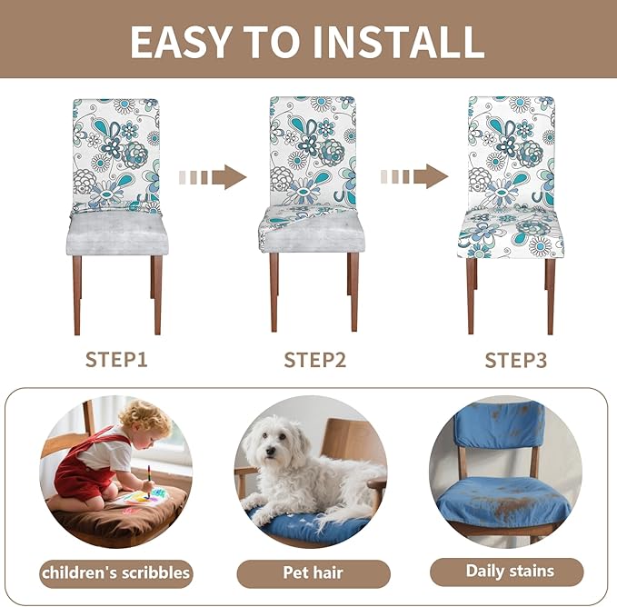Stretch Dining Chair Covers Set of 6,Floral Print Chair Covers,Soft Removable Washable,Pet Friendly Furniture Protector,Universal Chair Slipcovers for Home, Kitchen,Ceremony Dining Room Seat