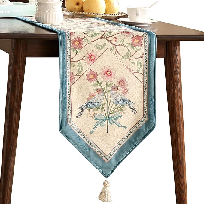 patdrea Designer French Elegant Wild Flowers Velvet Table Runner 87 Inch Long, Beige Pink Floral Pattern Table Mat, Decoration for Kitchen Dining Coffee Table Cabinet Banquet Thanksgiving,12"*87"