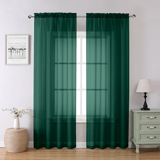 Lecloud Hunter Green Sheer Curtains 84 Inches Long 2 Panels Set, Rod Pocket Window Curtains for Living Room Bedroom, Airy Lightweight Voile Transparent Drapes Home Decor, Each Panel 42 X 84 Inch