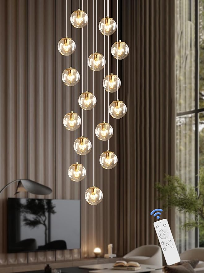 15-Light Gold Chandelier with Globe Glass Dimmable Ceiling Light Glass Pendant Light for Kitchen Island, Dining Room, Living Room, Entry Hallway, LED Bulbs Included