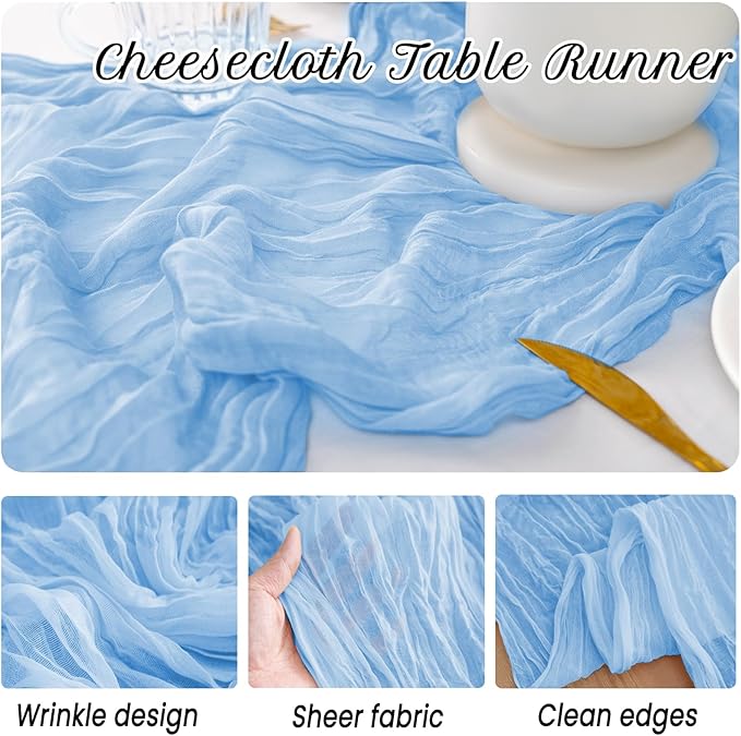 10 Pack Baby Blue Cheesecloth Table Runner,10FT/120 Inch Boho Gauze Fabric Table Runner,Rustic Sheer Light Blue Cheese Cloth Runner Bulk for Wedding,Bridal Baby Shower,Birthday Party,Table Decor