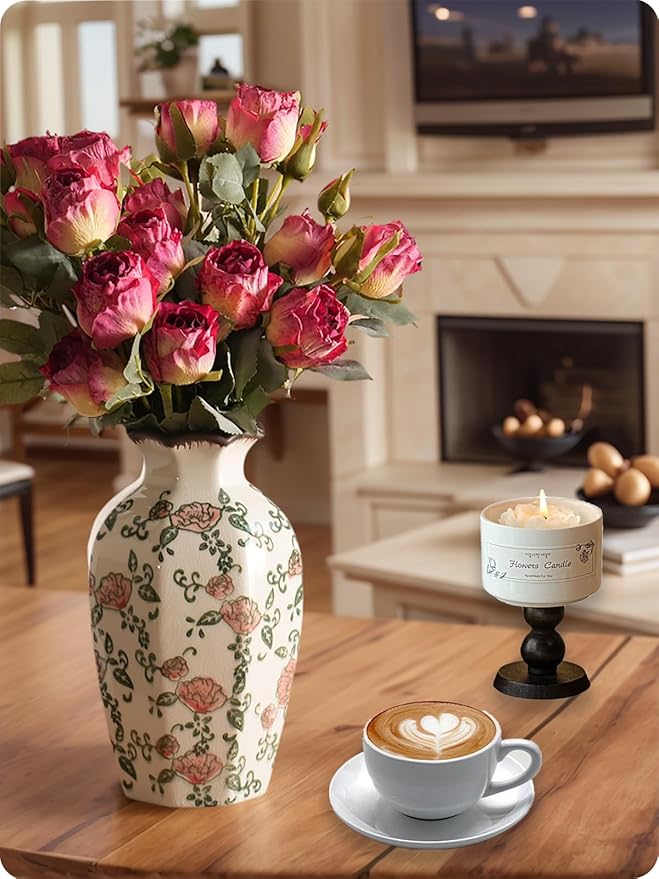 Vintage Ceramic Vase - 9 Inch Hand-Painted Roses with Ice Crackle Glaze Finish, American Farmhouse Style Pitcher Vase for Home Decor, Centerpiece, Shelf, Table, Office, Rustic Wedding Gift