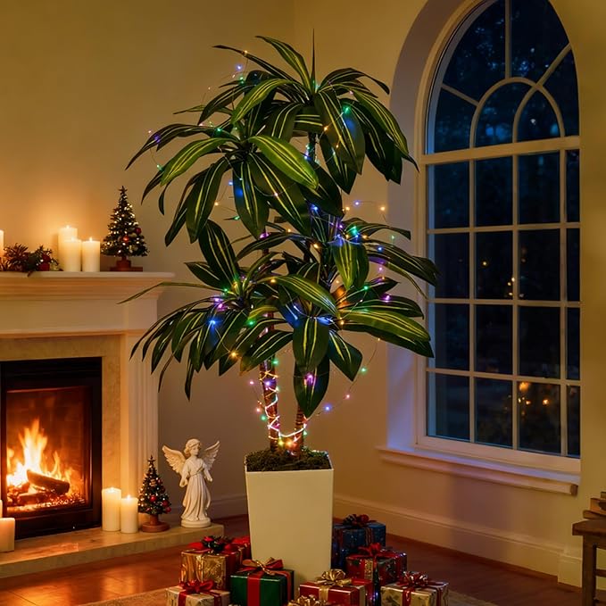Artificial Dracaena Plant 5FT - Fake Tree with Tall Planter and Fairy Lights, Artificial Trees Faux Yucca Plants Indoor, Fake Plants for Home Office Living Room Decor Christmas