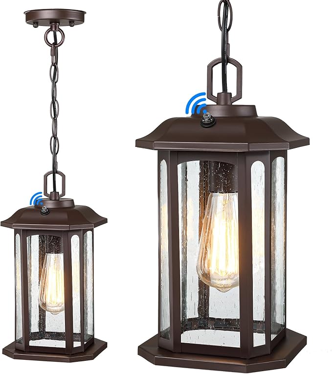 13.4'' Dusk to Dawn Outdoor Pendant Lights for Porch, Brown Hanging Porch Light with Seeded Glass, Waterproof Outdoor Chandelier Farmhouse Ceiling Light Fixture Lanterns, 1Pack