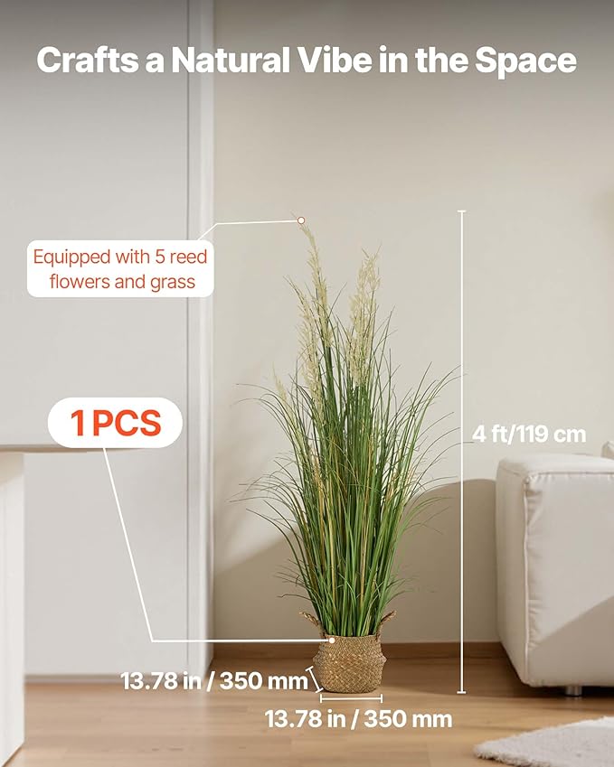 VEVOR Artificial Grass Plant, 47 inch Reed Flower Grass in Pot, Premium PVC Faux Fake Greenery Shrubs Plant for Indoor Outdoor House Home Garden Office Room Décor, Housewarming, 1 Pack Green