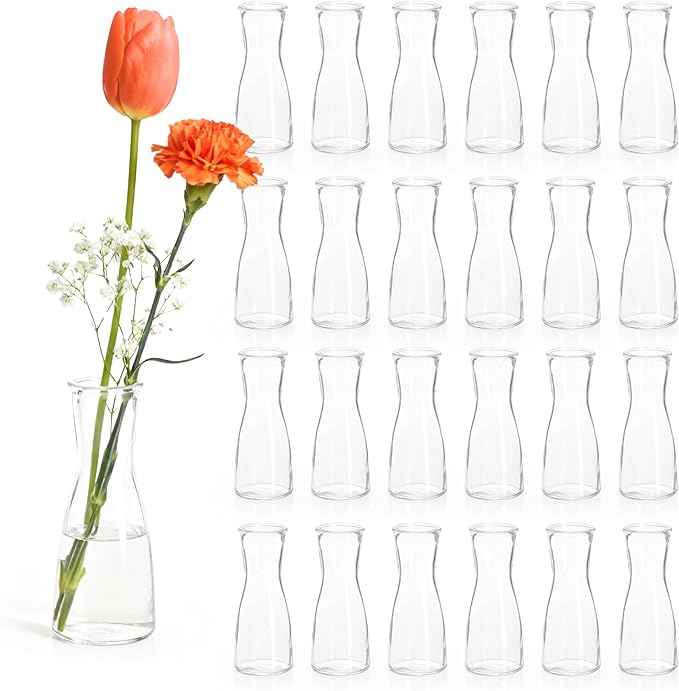 Set of 24 Glass Bud Vases for Centerpieces - Clear Small Flower Vase, Modern Minimalist Cute Mini Decorative Bulk Vases for Wedding Bridal Shower Birthday Party Events Dining Room Table Decor