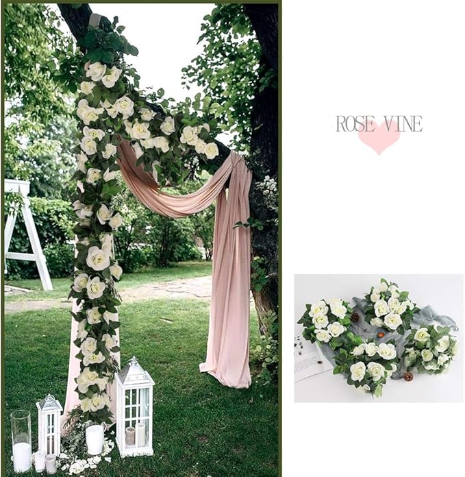 LESING Rose Garlands Artificial Rose Vines,4PCS(28.8FT) Fake Silk Flower Garland with Greenery Plants Wedding Hanging Flower Vines Garlands for Home Office Arch Garden Decoration (White)