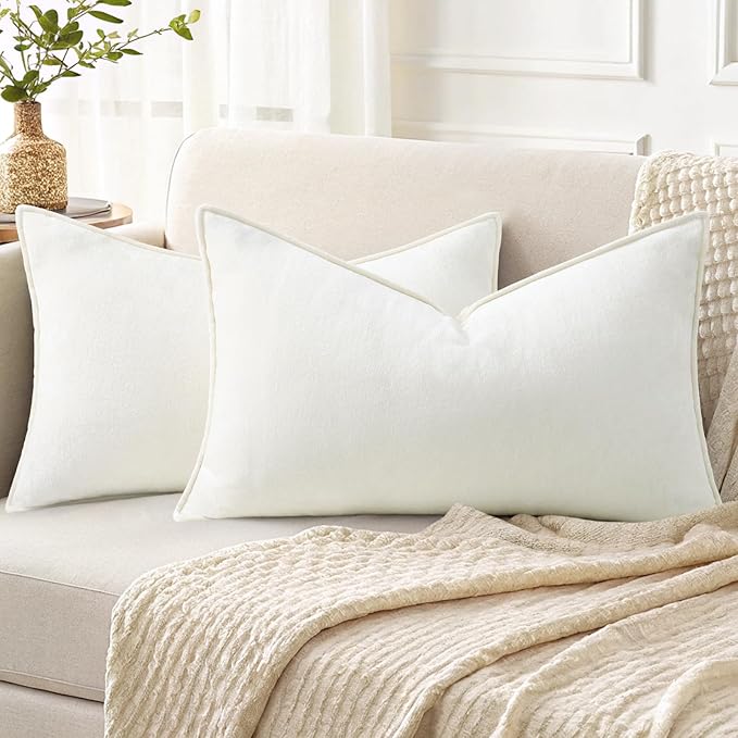 decorUhome Christmas Couch Throw Pillow Covers 12x20 Set of 2, Decorative Soft Euro Velvet Neutral Chenille Lumbar Pillow Covers with Elegant Design for Sofa Bed Living Room Home Decor, Cream White