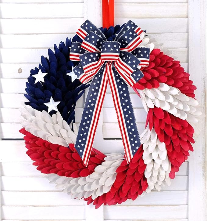 2 Pack 4th of July Decor Bow for Wreath,Red White Blue Stripe Stars Tree Topper Bows for Patriotic,Independence Day,Memorial Day,Veteran's Day,Front Door Indoor Outdoor Decorations