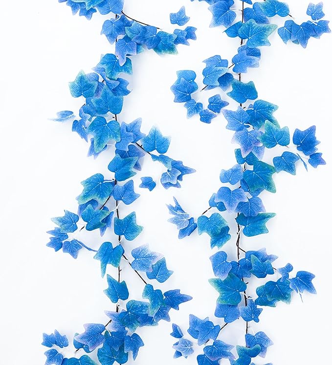 mizii 2 Strands Artificial Vines Blue Ivy Garland 74" Fake Vine with Silk Leaves Faux Hanging Plants Greenery Decoration for Outdoors Wedding Party Indoor Bedroom Home Wall Room Decor (Blue)