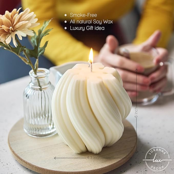 Luxanna Décor Spiral Soy Wax Candle – White Minimalist Aesthetic Home Décor | Long-Lasting Citrus Scent | Handcrafted Gift for Women, Birthdays, Housewarming, Holidays