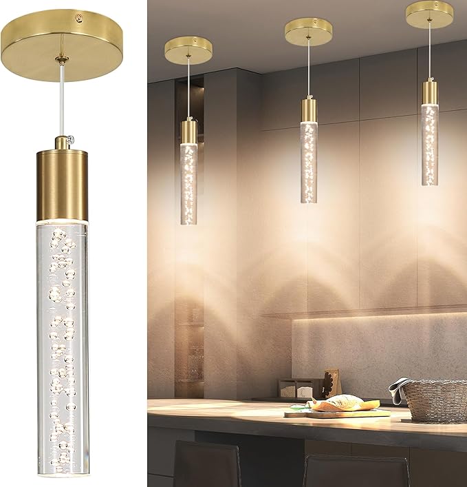 Modern Kitchen Island Hanging Light, Gold LED Pendant Lights Fixture, Bubble Acrylic, 3 Color Temperatures, Mini Ceiling Chandelier Lighting for Dining Room, Bedroom, Foyer Entrance, Cafe