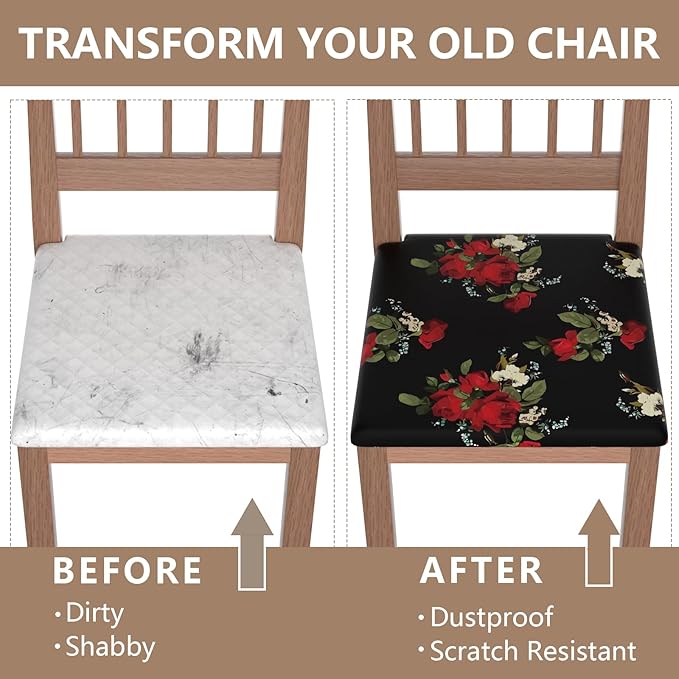 Stretch Dining Chair Seat Covers Set of 8,Dining Chair Slipcovers, Floral Printed Chair Covers,Soft Fabric Washable Upholstered Chair Seat Protector, No Rear Covers for Home Kitchen Dining Room