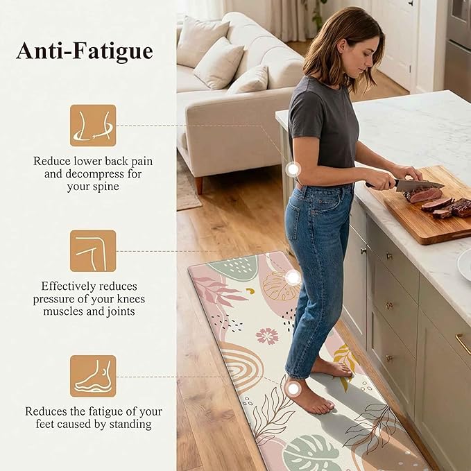 Boho Kitchen Rug Mats for Floor Cushioned Anti Fatigue Pink Kitchen Rugs Sets of 2 Botanical Non Slip Waterproof Comfort Memory Foam Standing Floor Mat for Office Laundry Sink Desk