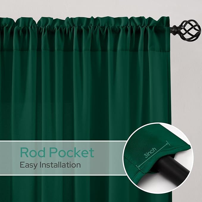 HOMEIDEAS Non-See-Through Dark Green Privacy Semi Sheer Curtains 63 Inches Long 2 Panels Set Light Filtering Curtains for Living Room Bedroom Drapes,W52xL63