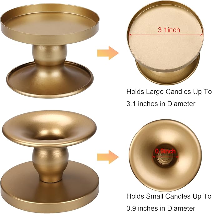 Table Gold Candle Holders – Set of 2 | Reversible Metal Candle Stand for Pillar & Taper Candles | Stylish Tabletop Candle Tray for Home Décor, Weddings & Special Occasions (Gold)