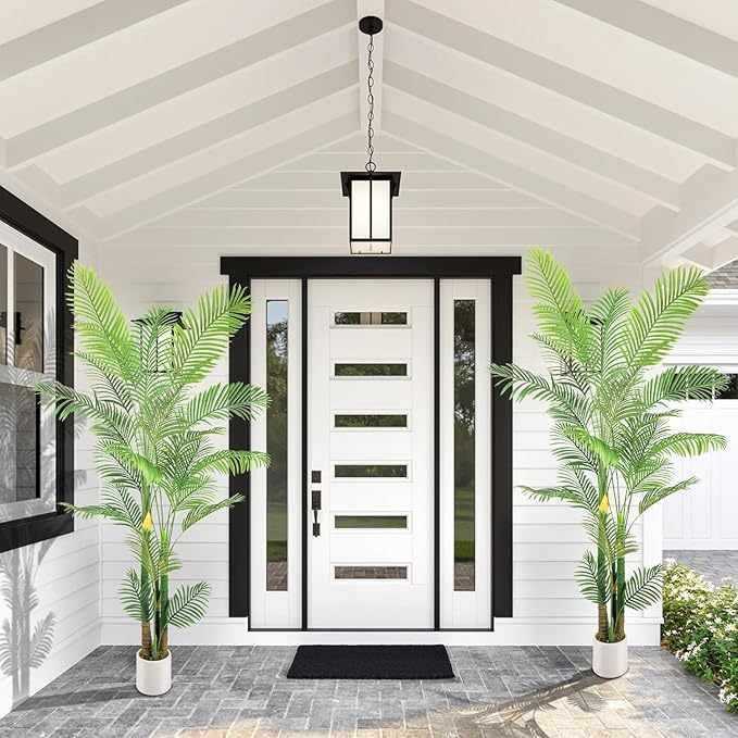 Artificial Fake Palm Tree 8FT 2Pack with White Planter & Free Moss, UV Resistant Artificial Palm Tree for Outdoors, Fake Plants for Poolside Home Room Decor, Faux Plants Outdoor Decor