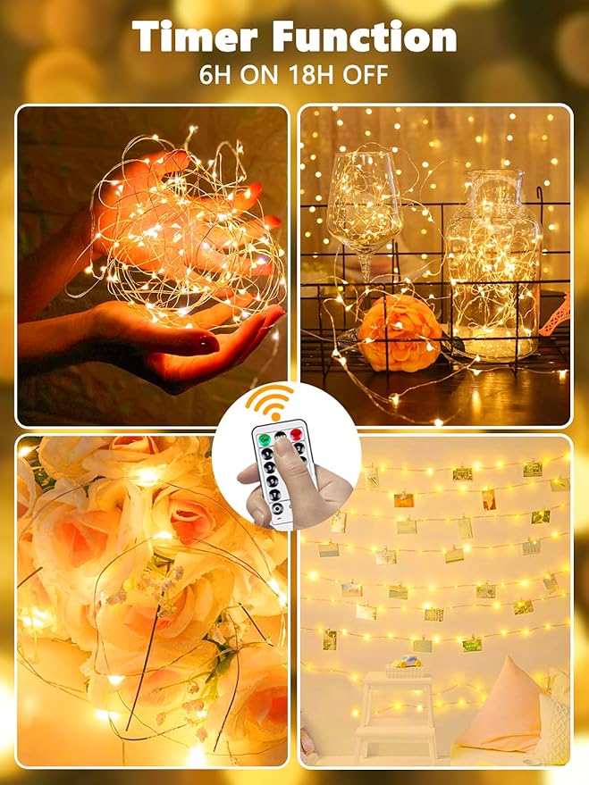 4 Pack Fairy Lights Battery Operated with Remote Control Timer, LED String Lights Outdoor Indoor Decorations, 8 Modes Twinkle Lights for Christmas Party Wedding Birthday Bedroom Décor (Warm White)
