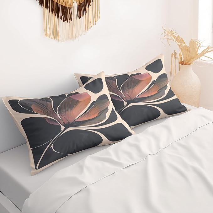 Dark Floral Pillow Protectors with Zipper Standard Size Boho Botanical Pillow Covers Set of 2 Vintage Neutral Moody Black Flower Pillowcases Mid Century Modern Bed Pillow Covers 24"X12"