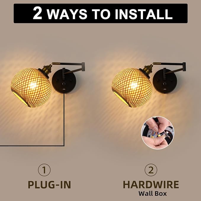 Rattan Plug in Wall Sconce Hand-Woven Rattan Swing Arm Wall Lamp with USB Port and Dimmer Switch Black Vintage Wall Light Fixtures Suitable for Bedroom Living Room.