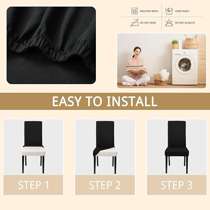 Dining Chair Covers Set of 6, Stretch Kitchen Removable Washable Chairs Slipcovers Seat Protector for Home, Party, Banquet (Black)