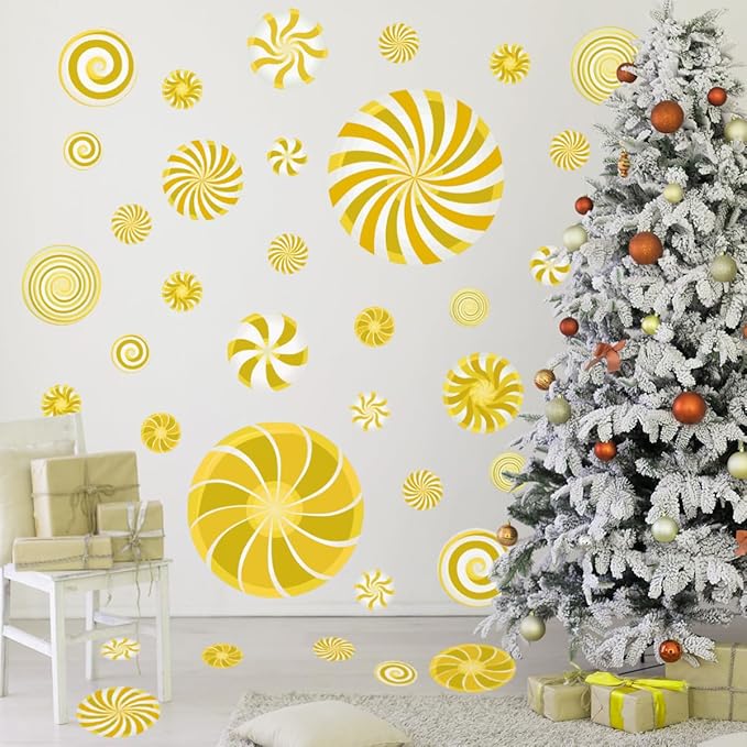 77 Pcs Christmas Candy Wall Decals Decorations Christmas Wall Stickers Gold Peppermint Candy Floor Decals for Xmas Candyland Party Decorations