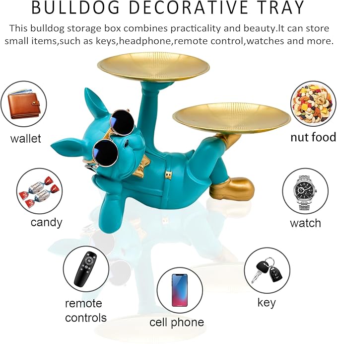 Resin French Bulldog Tray Statue, Lying Bulldog Candy Dish Key Holder Bowl, French Bulldog Accessories, Statues for Office Desk Home Decor Figurines Entryway Table Decor (Blue Green)