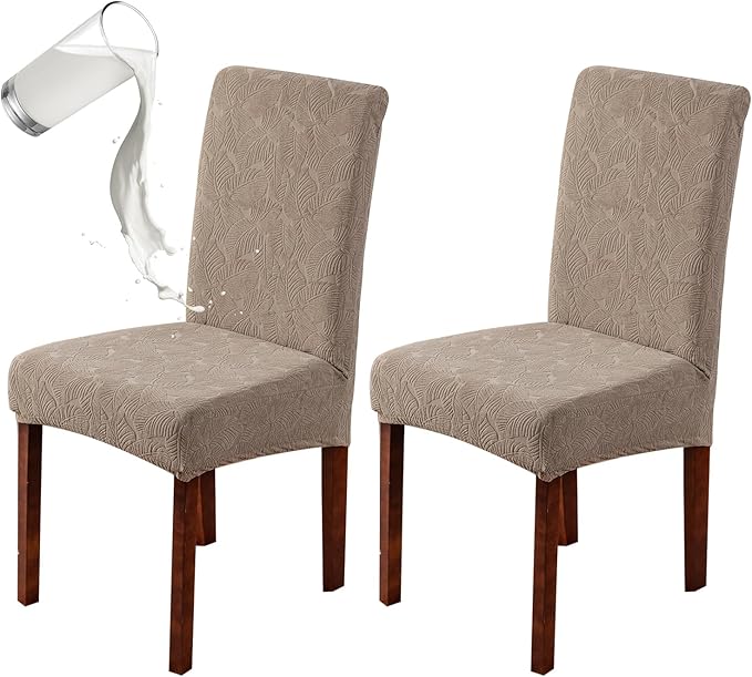 Genina 100% Waterproof Dining Room Chair Covers Set of 2 Stretch Kitchen Chair Covers Parsons Chair Slipcovers for Dining Room Chair Protector Cover, Removable, Washable (Leaf Pattern-Taupe)