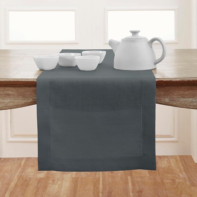Solino Home Linen Hemstitch Table Runner 60 Inches - 100% Pure Linen Dark Grey Table Runner 14 x 60 Inch Ideal for Dresser and Coffee Tables - Classic Hemstitch