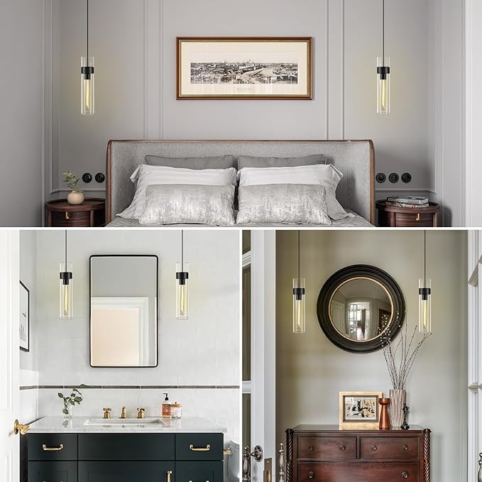 Modern Glass Black Pendant Lights Kitchen Island, Adjustable Cord Pendant Light Fixtures,Kitchen Pendant Lighting Over Island,Indoor Chandeliers for Bedroom Bathroom, Included Bulb