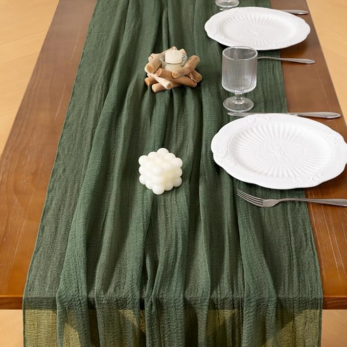 Socomi Green Cheesecloth Table Runner Olive Valentine's Day Gauze 120 Inch Rustic Boho Cheese Cloth Runner for Wedding Party Baby Bridal Shower Centerpiece Decoration Holiday Home Decorations