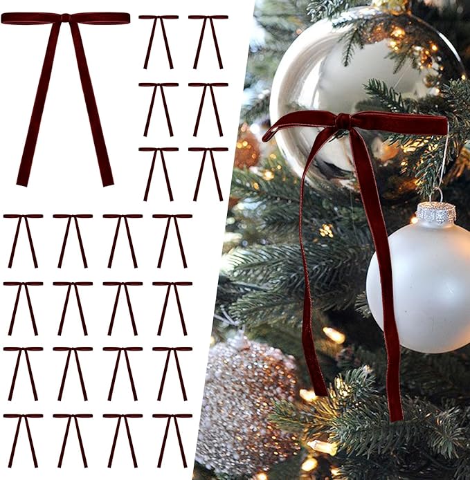 SIMISI RIBBON 24Pcs Burgundy Christmas Velvet Ribbon Bows Decorations Xmas Ornaments Vintage Decor for Tree, Wreath, Garland (3/8'' Width, 5 * 7 inch)