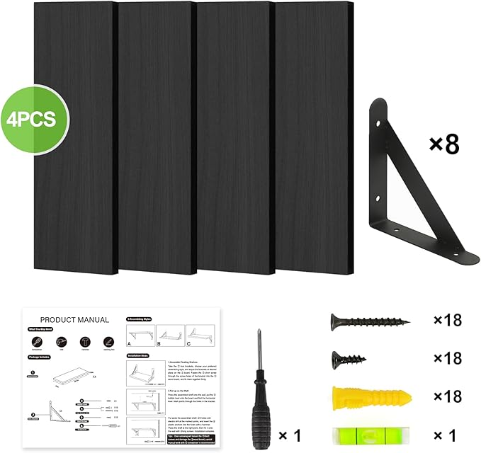 Fixwal Floating Shelves for Wall, Wood Wall Mounted Shelves for Bedroom, Bathroom, Living Room, Kitchen Storage and Decor(Black, Set of 4, 16.5 Inch)