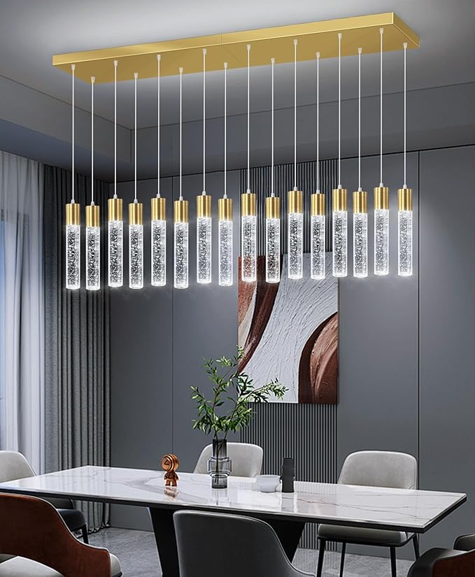 16-Lights Modern Crystal Rectangular Chandeliers LED Pendant Light for Kitchen Island High Ceiling Chandelier for Dining Room Entrance Foyer Living Room Gold