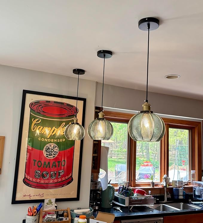 7.8in Vintage Pendant Light 1- Light Kitchen Sink Pendant Lights with Green Hand Blown Glass Small Hanging Lamp for Kitchen Island Dining Room Bedroom Bathroom Hallway E26