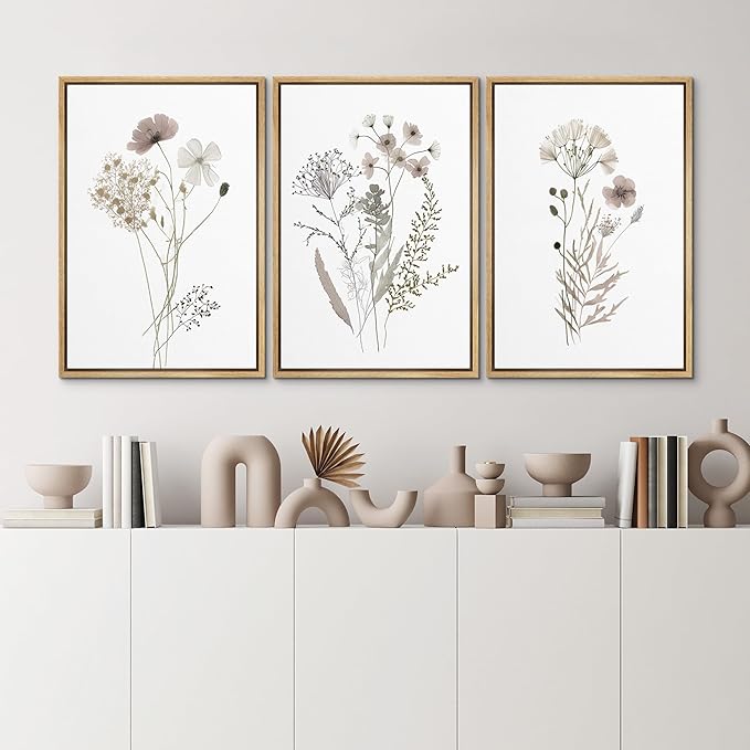 MUDECOR Framed Canvas Print Wall Art Watercolor Wildflower Art Print, Floral Botanical Prints, Minimalist Art, Modern Farmhouse for Bedroom - 24"x36"x3 Natural