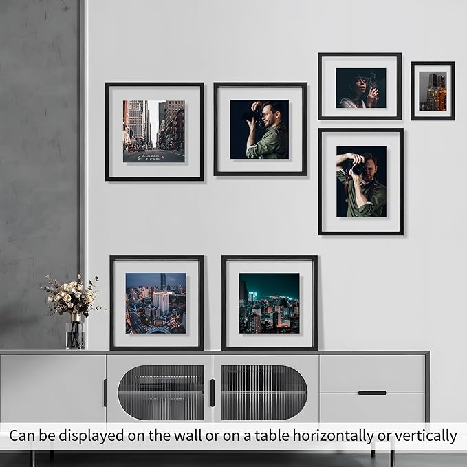 12x12 Floating Picture Frame Set of 2, Double Glass Photo Frame Wooden Frame for Wall Mount or Tabletop Displays for 8x10, 10x10 inch Pictures, Plane Edge Frames, Black
